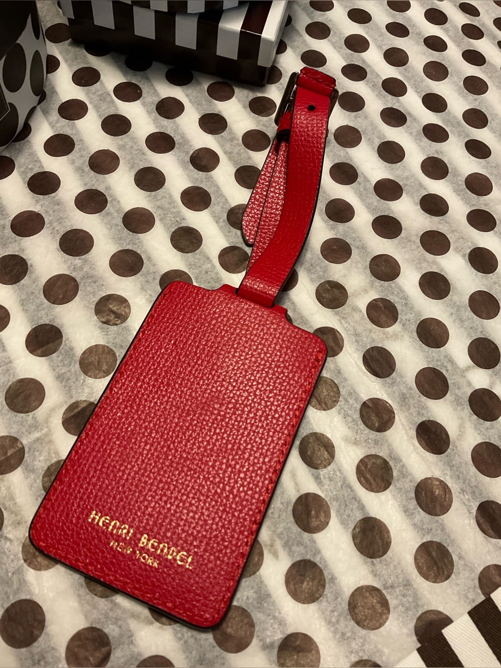 Henri Bendel West 57th Blocked Pattern Bag/Luggage Tag Red w Centennial Stripes - Picture 7 of 12